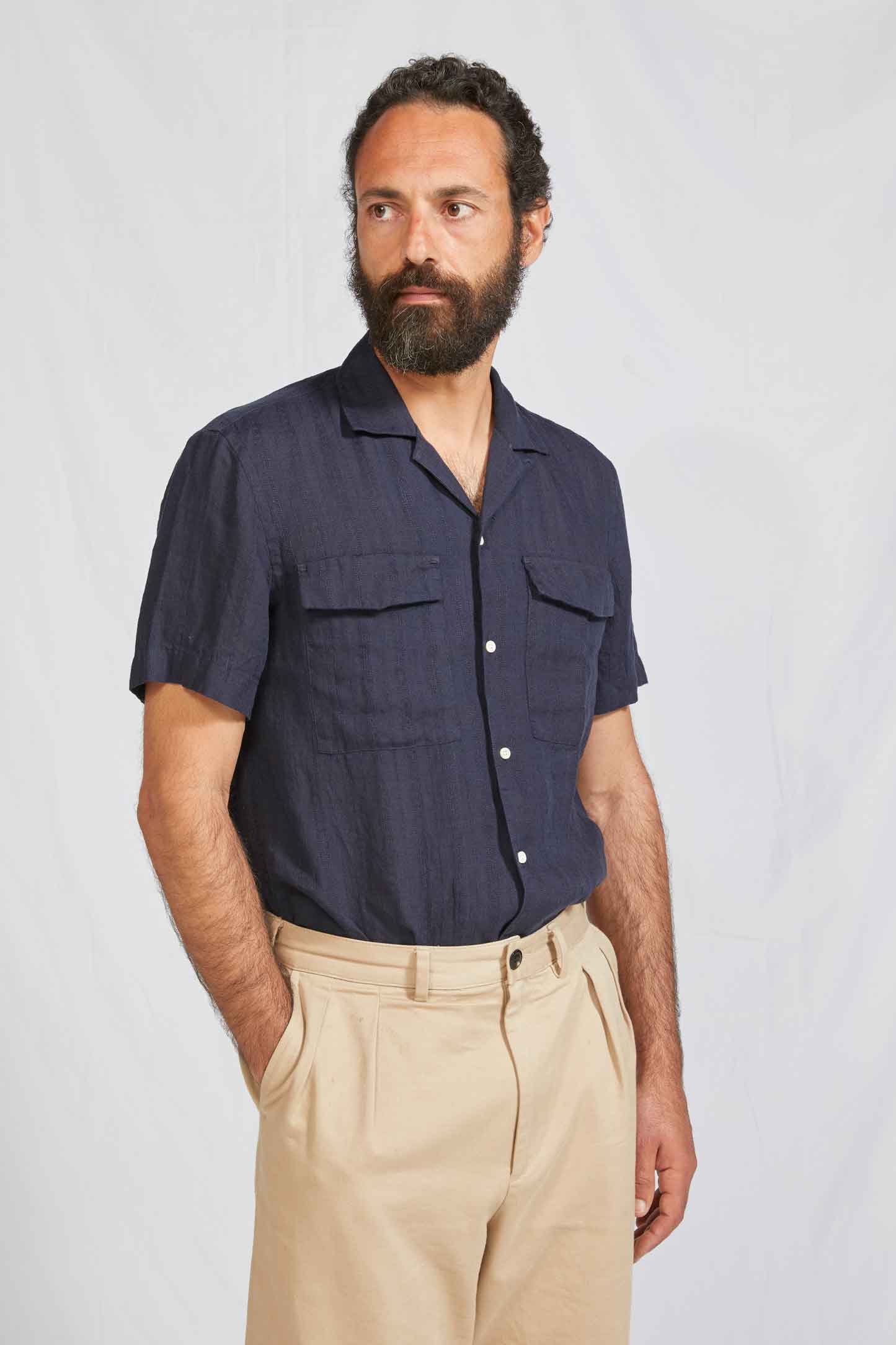 CAMP COLLAR hundred dobby linen navy 3106