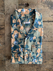 CAMP COLLAR linen cotton GREEN print 2163