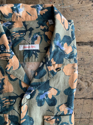 CAMP COLLAR linen cotton GREEN print 2163
