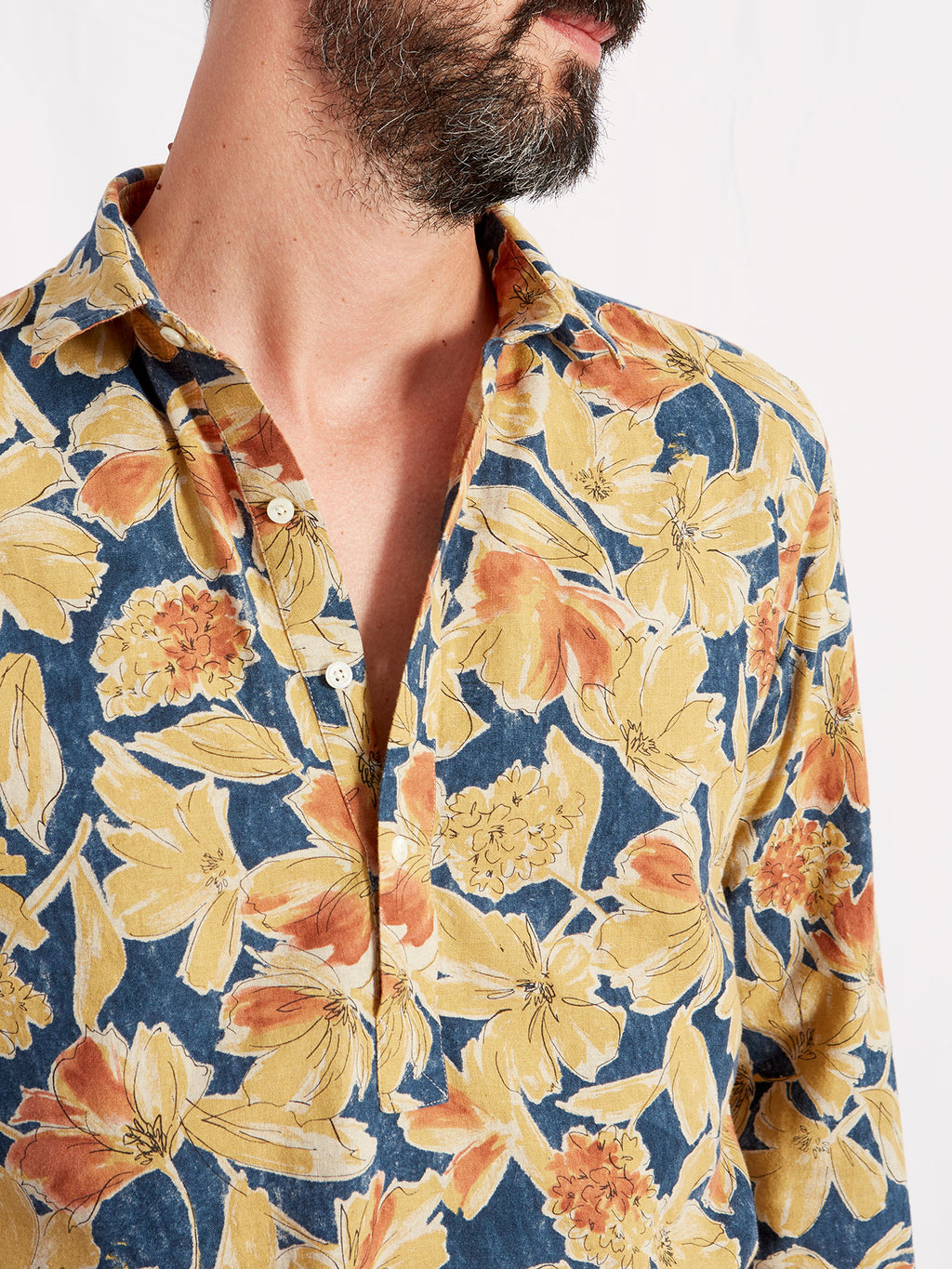 POLO POP OVER lino cotone stampa fiori navy senape 2161